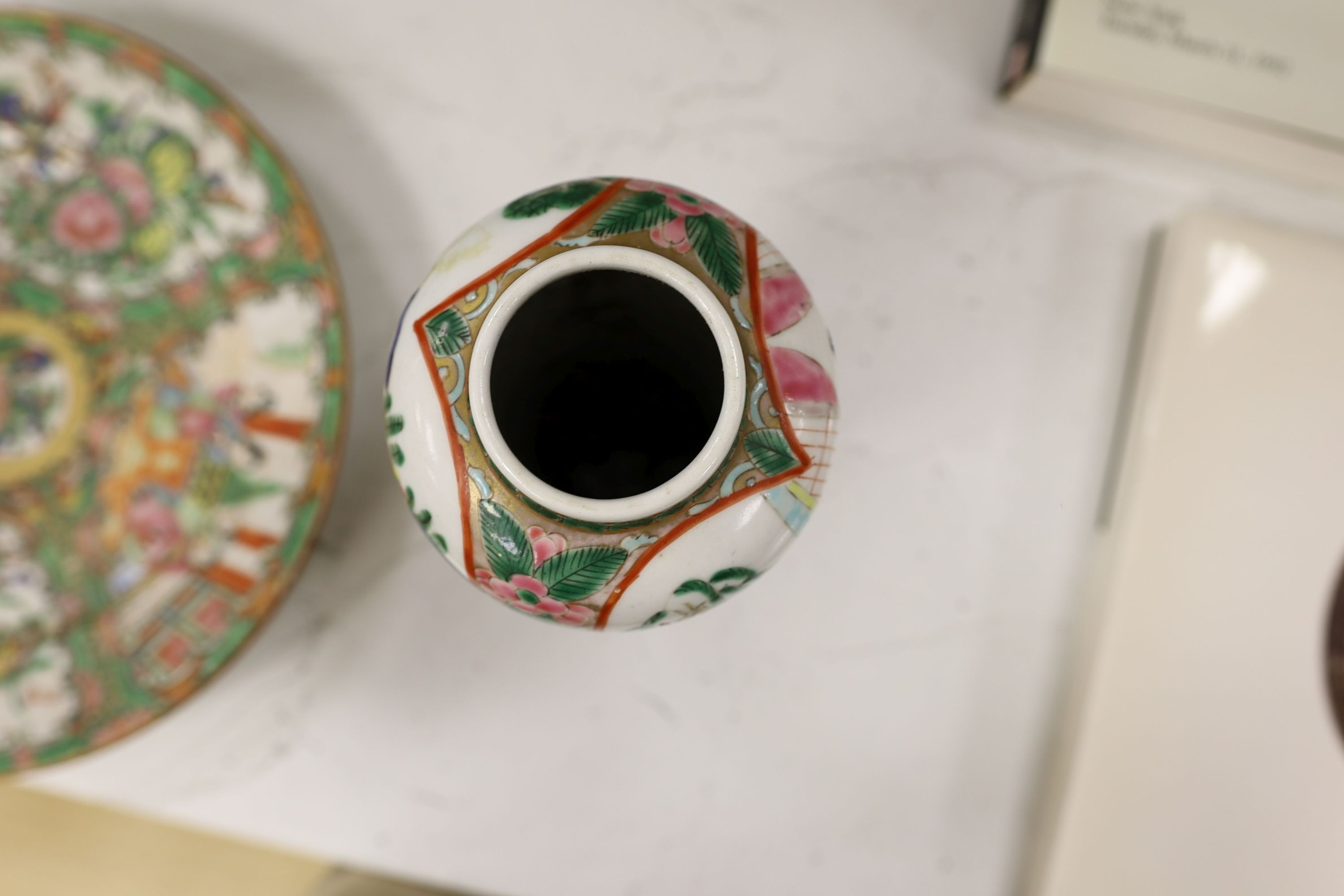 A Chinese famille charger, three vases and a plate, together with other Chinese and Japanese ceramics (13 items), Charger 48 cms diameter